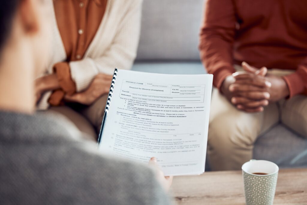 Application, business woman and couple apply for house mortgage loan. Business meeting, real estate