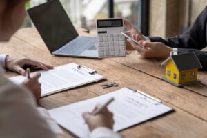 Rental agreement, Sale agent deal to agreement successful home loan contract with customer and sign